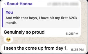 Chat reply to a first $20k month: genuinely so proud, I seen the come up from day 1